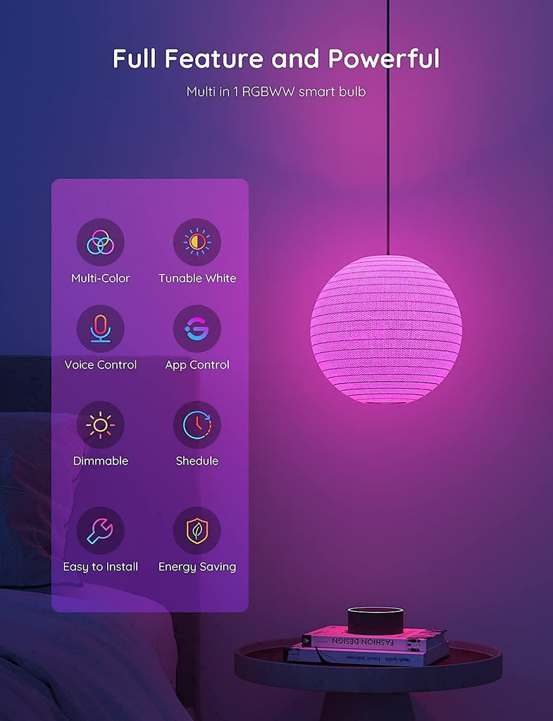 Smart Light Bulbs, Dimmable RGBWW Color Changing Light Bulbs, Work with Alexa & Google Assistant, No Hub Required RGB Light Bulbs, 9W 60W Equivalent A19 LED Bulbs for Bedroom Living Room, 4 Pack